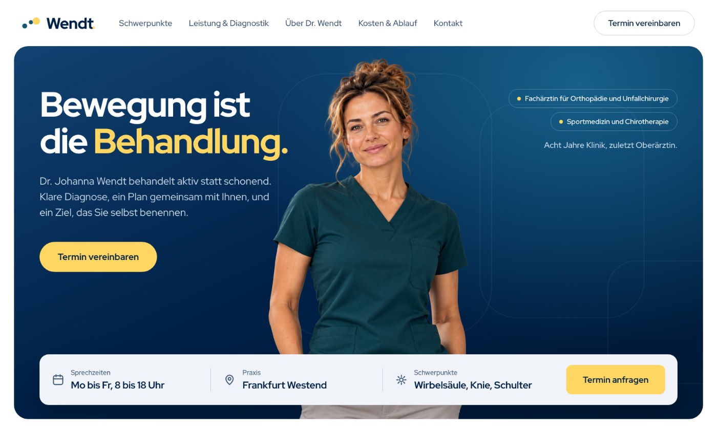 Startseite der Praxis-Website Wendt in Marineblau mit gelbem Terminbutton