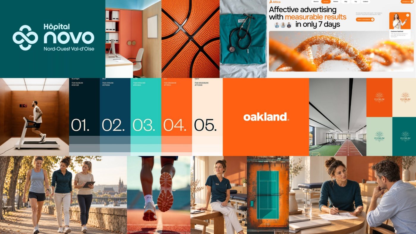 Moodboard der Richtung Court: Klinikmarke in Petrol, Behandlungsräume mit orangefarbenen Möbeln, Laufaufnahmen und Tennisplatz von oben, dazu die Farbfelder Tiefdunkel, Petrol, Mint, Orange und Sand mit nummerierten Flächen