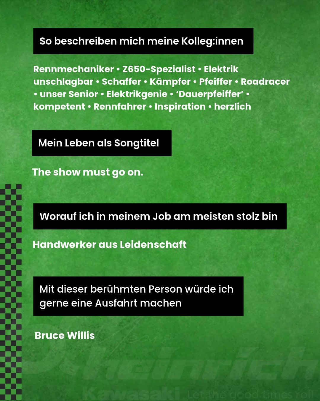 Slide 2 von Niklas: Steckbrief auf grünem Grund. Kolleg:innen beschreiben ihn als Rennmechaniker, Z650-Spezialist und Elektrikgenie, sein Songtitel ist „The show must go on“, stolz ist er darauf, Handwerker aus Leidenschaft zu sein, und ausfahren würde er gern mit Bruce Willis