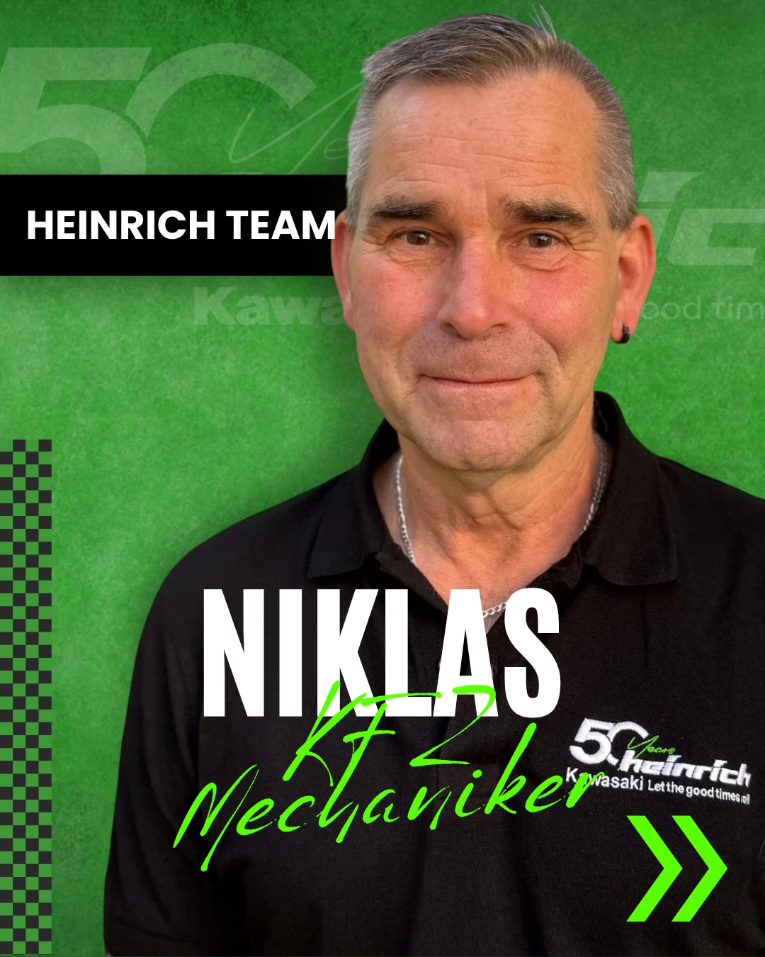 Instagram-Post „Heinrich Team“: Niklas, Kfz-Mechaniker, vor grünem Grund mit Pfeilen als Wischhinweis