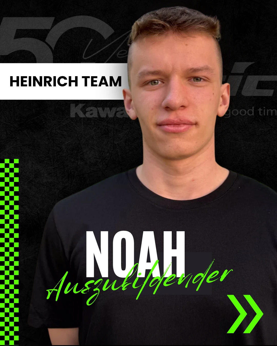 Instagram-Post „Heinrich Team“: Noah, Auszubildender, vor schwarzem Grund