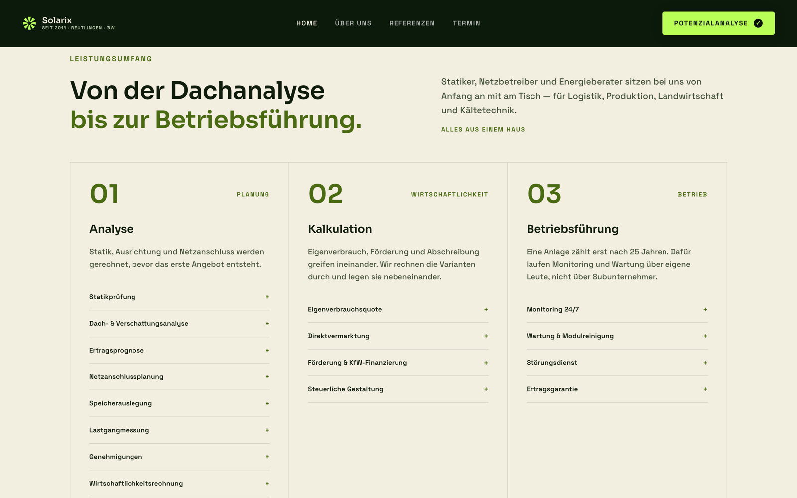Solarix, Abschnitt Leistungsumfang