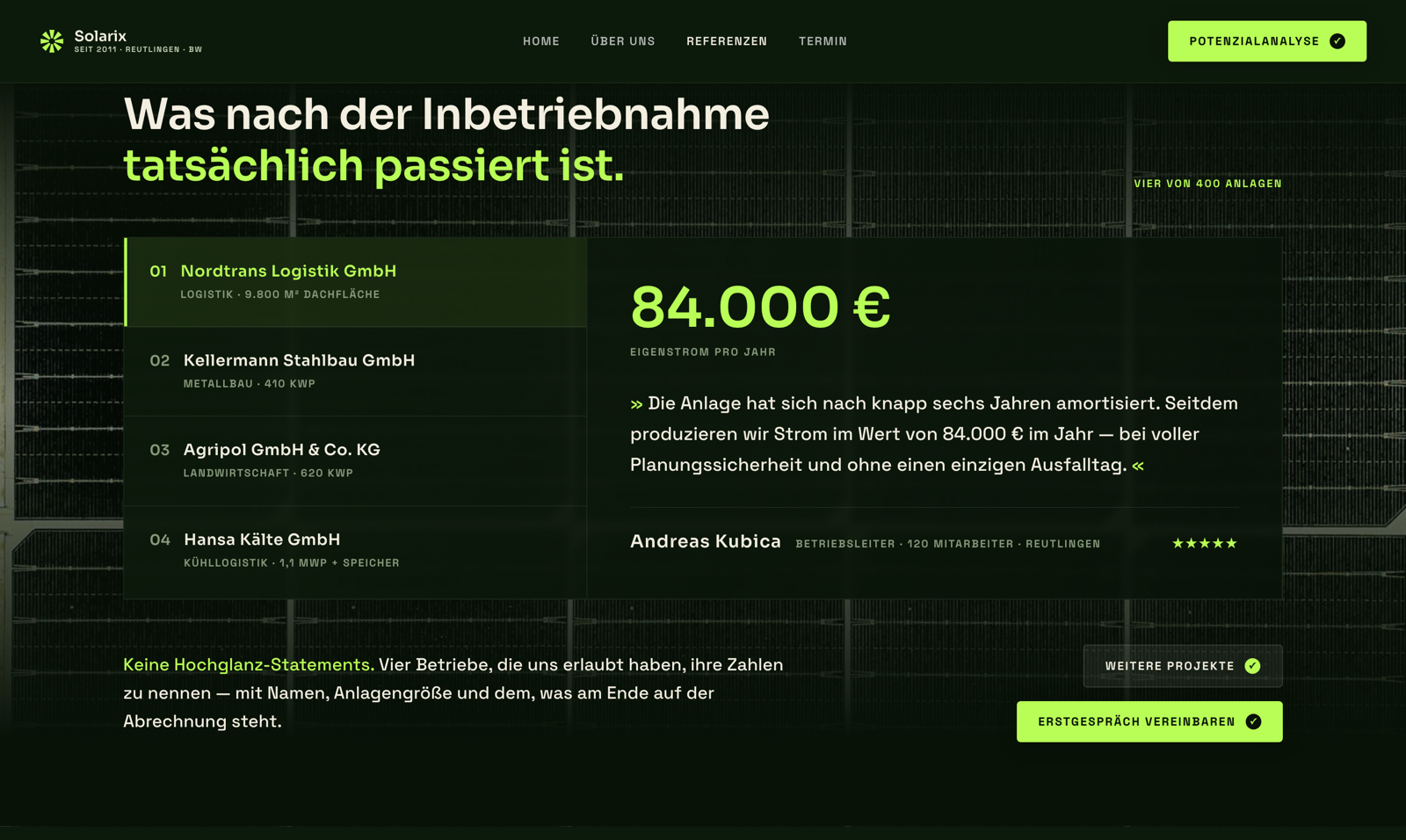 Solarix, Abschnitt Referenzen